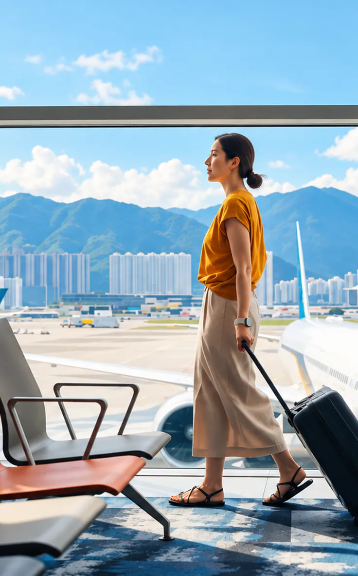 Viajante a atravessar o terminal de um aeroporto com a sua mala