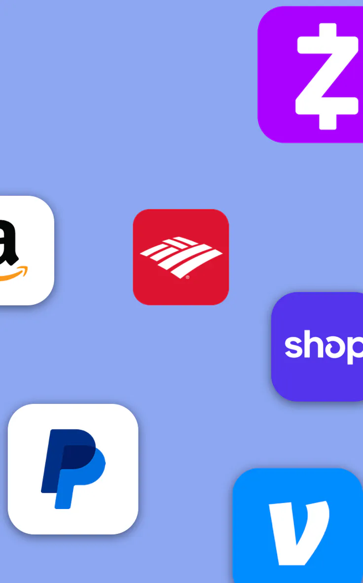 Ícones das apps Zelle, Bank of America, Amazon, Shop, PayPal e Venmo