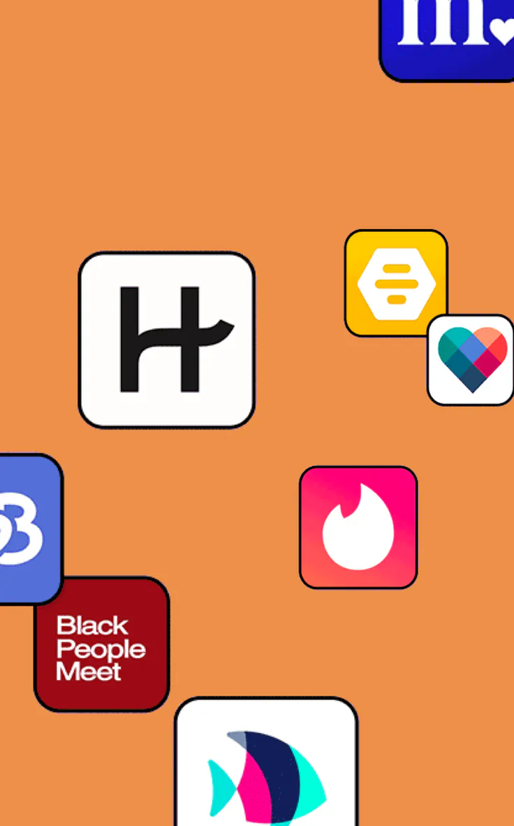 Ícones de apps de encontros como Hinge, Tinder, Bumble e Plenty of Fish