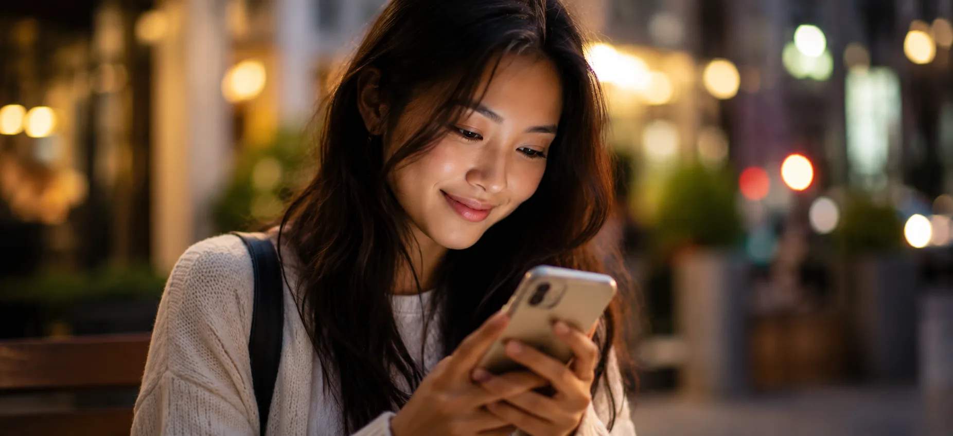 Woman using her phone on a city street at night