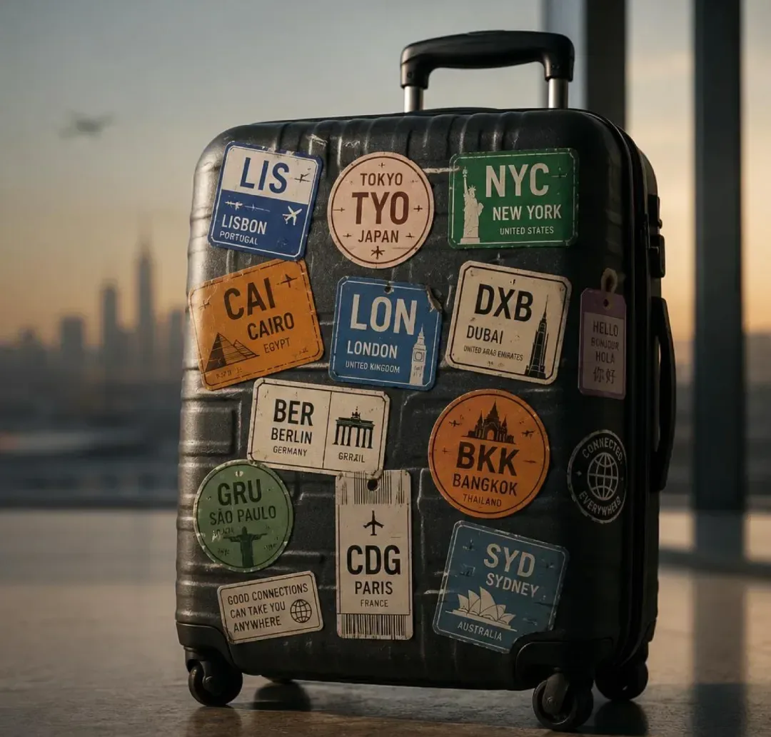 Suitcase covered in travel stickers