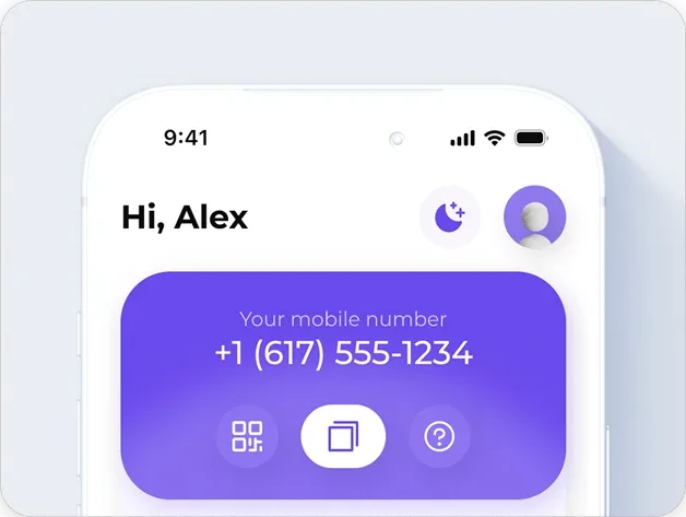 Pantalla de inicio de la app SLYNUMBER mostrando tu número de móvil estadounidense